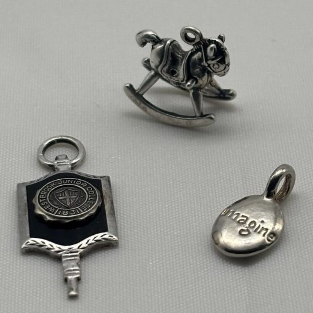 Lot of 3 Small Sterling Silver Charms Rocking Horse, College Charm, Nugget Charm